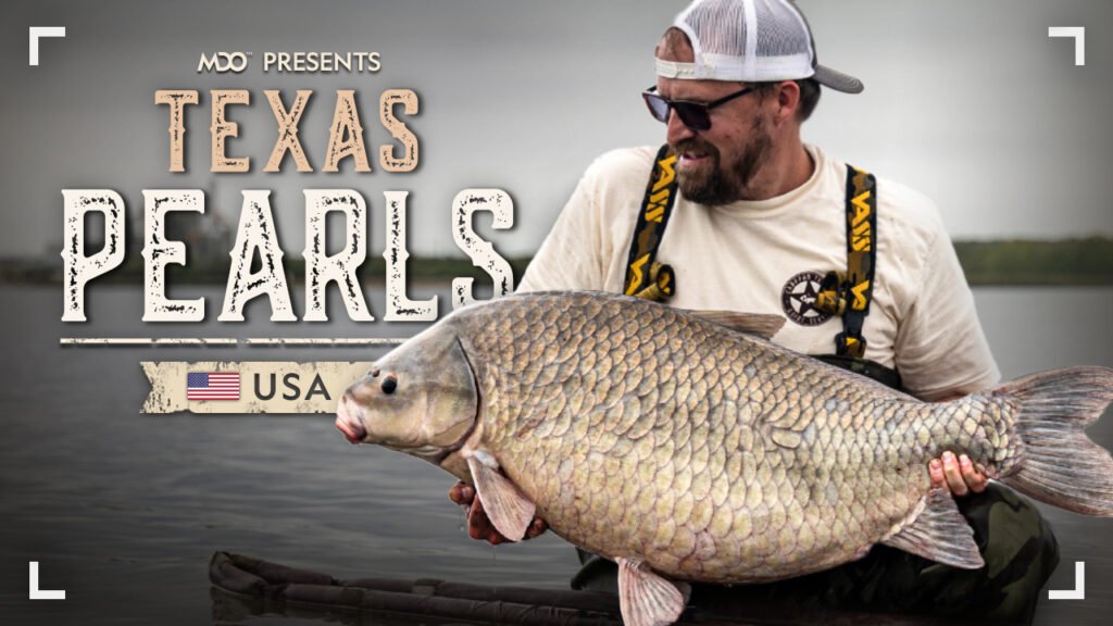 Loren holds a 50lb Smallmouth Buffalo, text reads "MDO presents, Texas Pearls - Austin, TX"