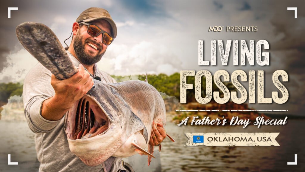 Bo holds a large Paddlefish. Text reads, "Living Fossils, a Father's Day Special, Oklahoma USA"
