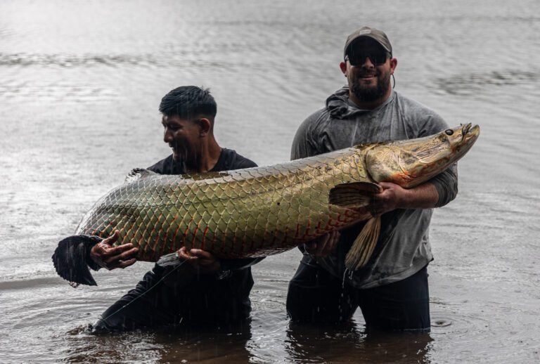 Bo and Keitus smile while holding an adult arapaima.